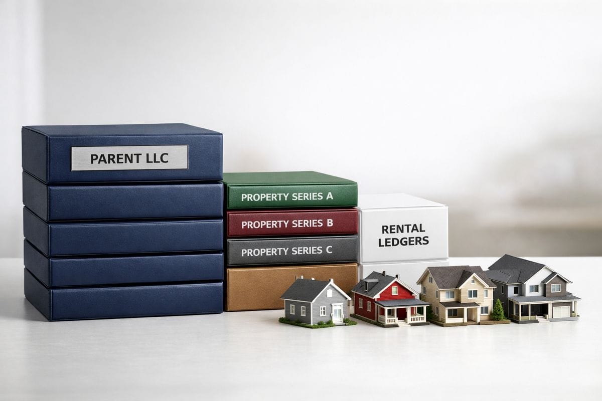 A neatly organized stack of property deed folders and separate rental ledgers arranged beside a small row of house models, with one larger folder representing the parent LLC and smaller folders representing individual property series