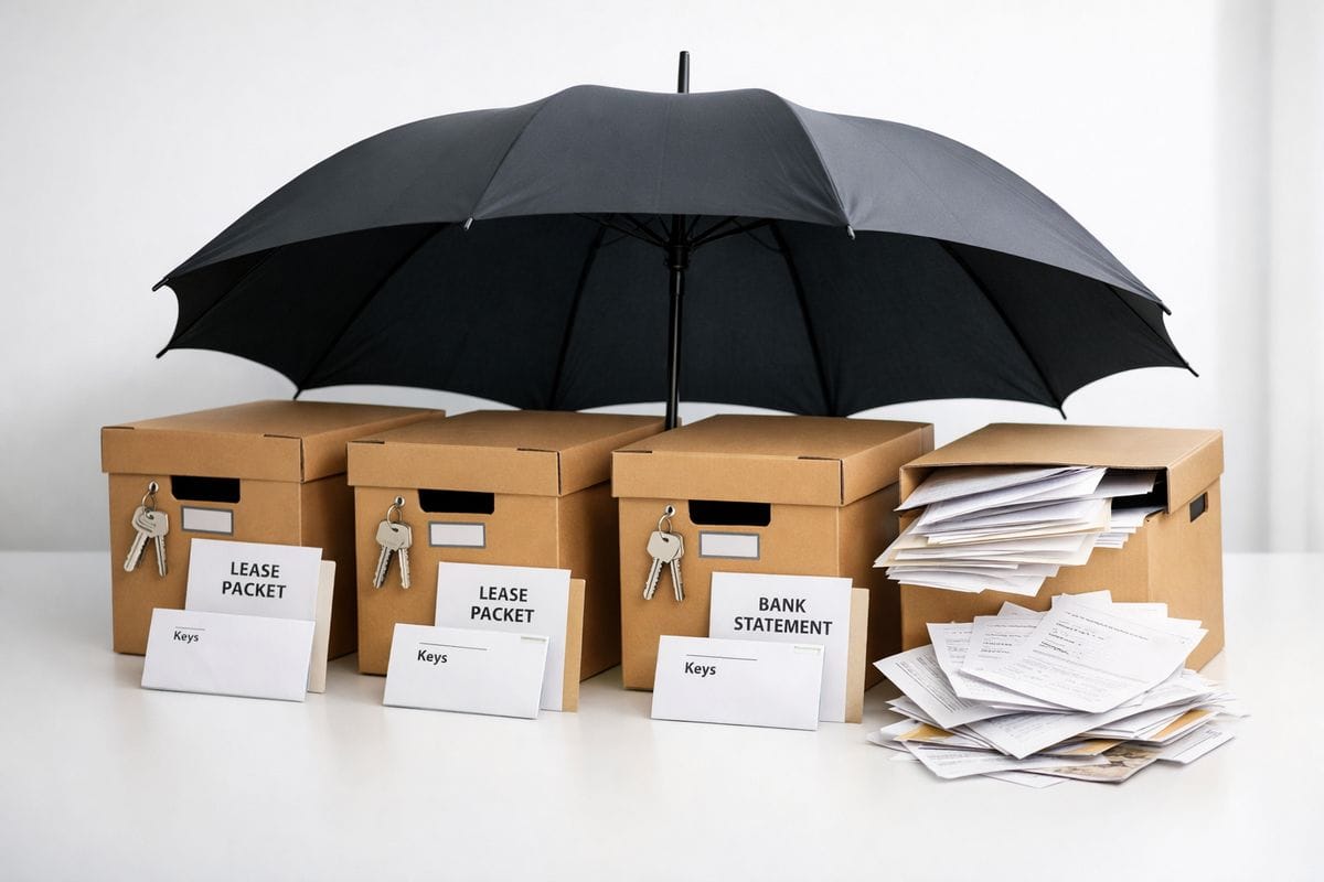 A clear visual of a single umbrella covering several separate file boxes, each box tagged with its own house key, lease packet, and bank statement, while one box has loose papers spilling out to show commingled records